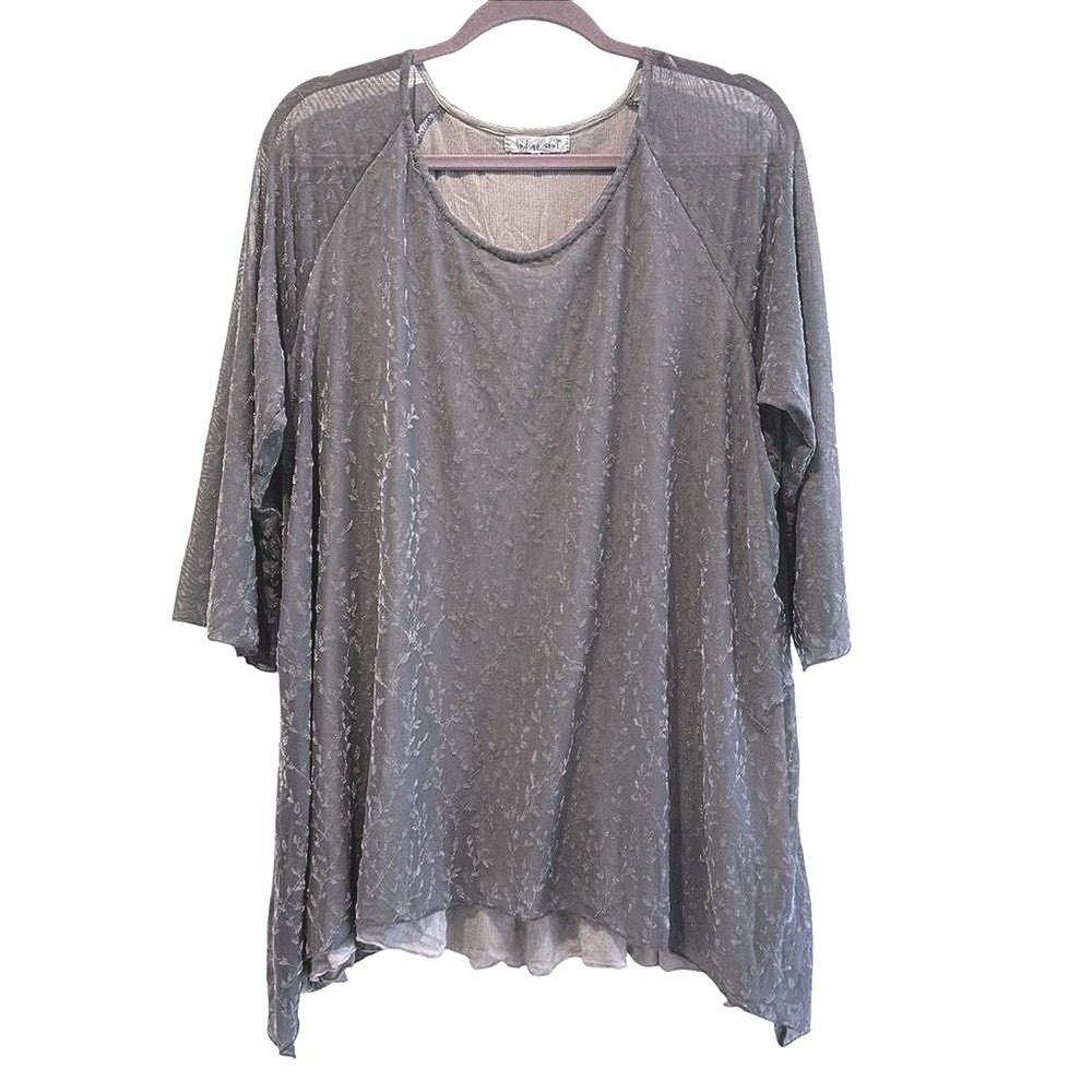 Indigo Soul Burnout Tunic Top Gray Boho Flocked Floral Mesh Layered Women XL